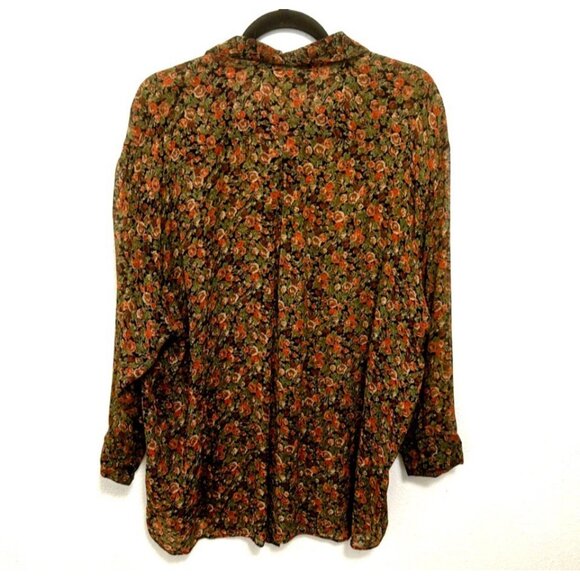Vintage 80s David Alan Brown Dark Floral Chiffon Button Up Blouse Shirt Size 20W - Picture 5 of 10